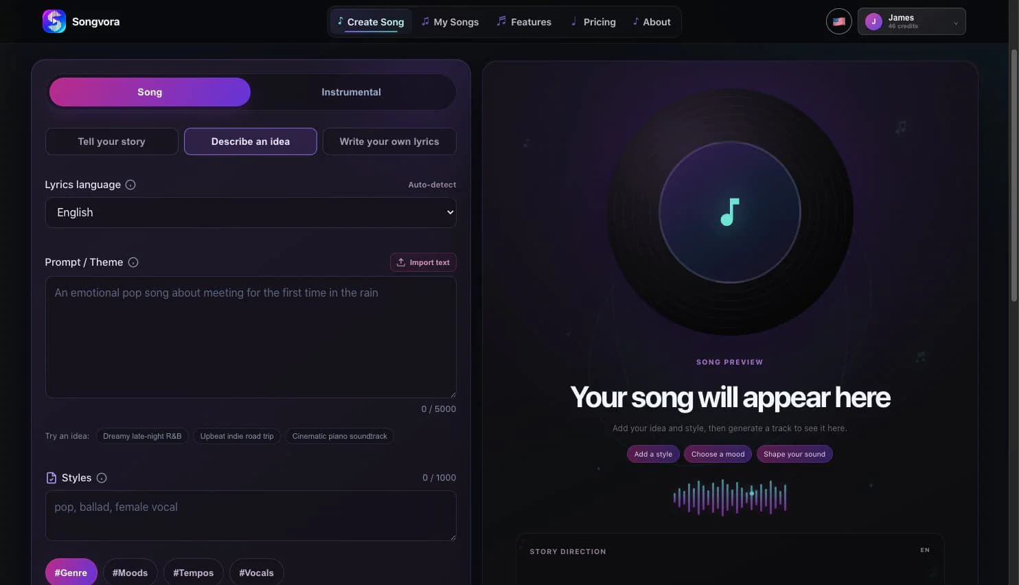 Songvora AI lyrics song creation interface