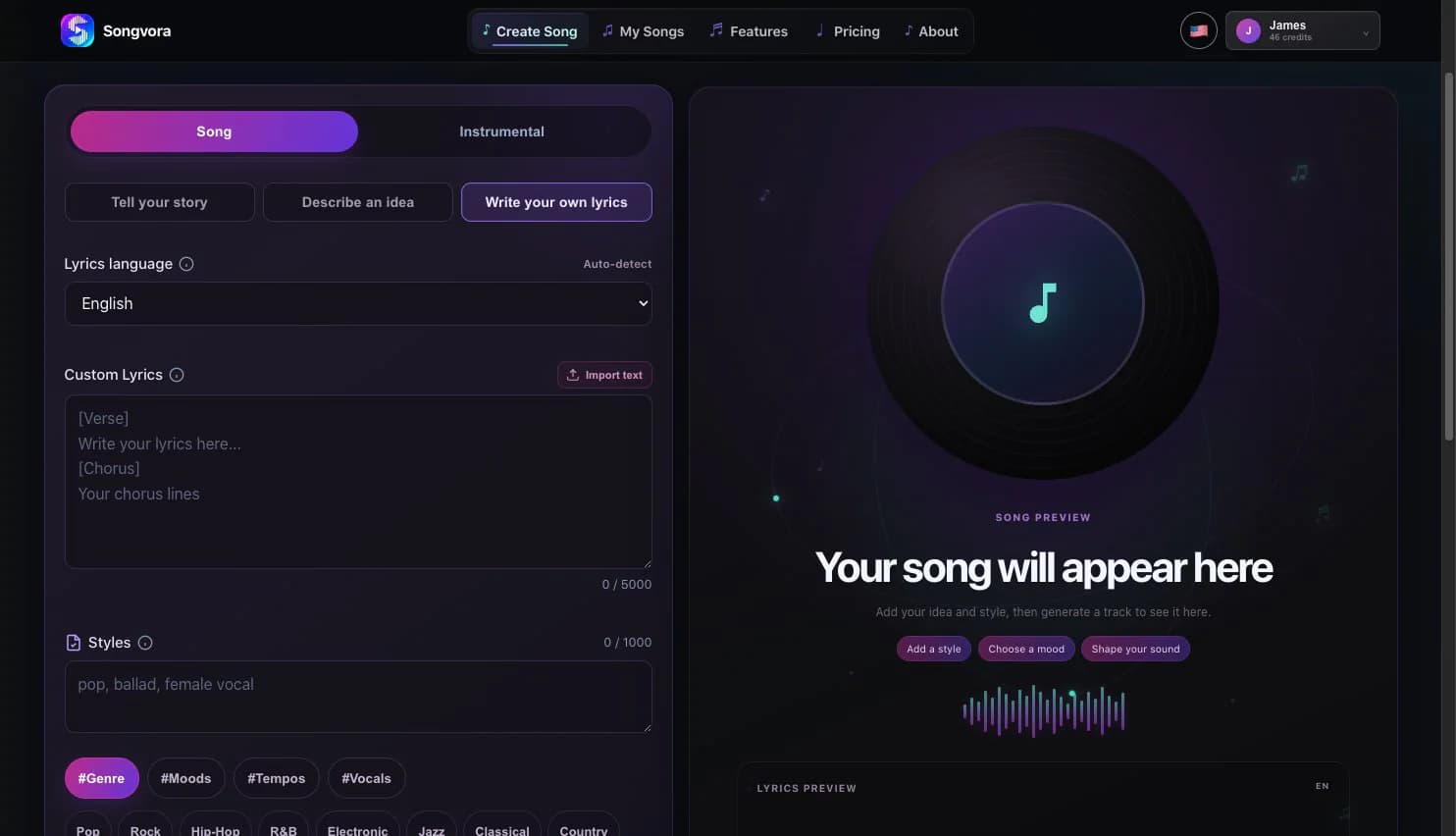 Songvora custom lyrics to song interface