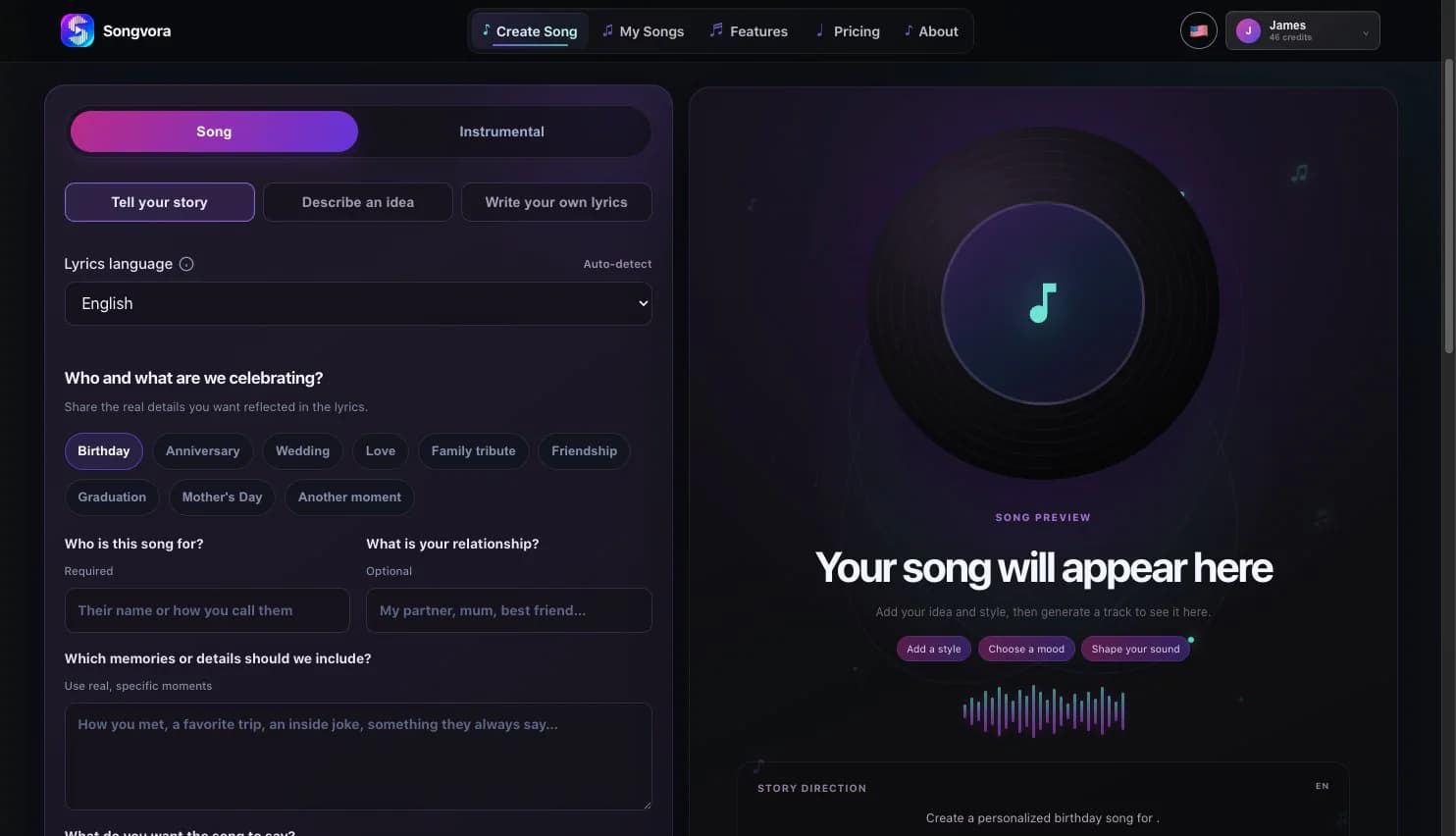 Songvora personal story song creation interface